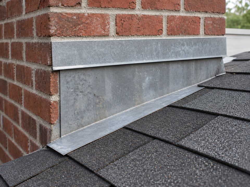 An upper metal counterflashing strip overlaps the taller base flashing against a brick chimney above asphalt shingles.