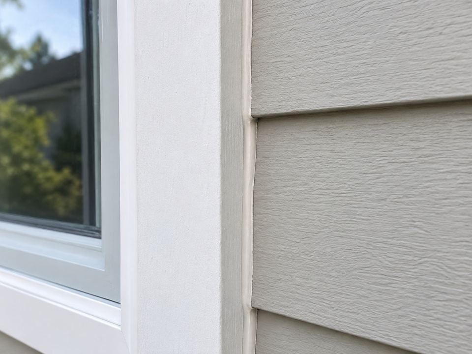 A narrow light-colored sealant bead follows the vertical joint between white window trim and horizontal lap siding.