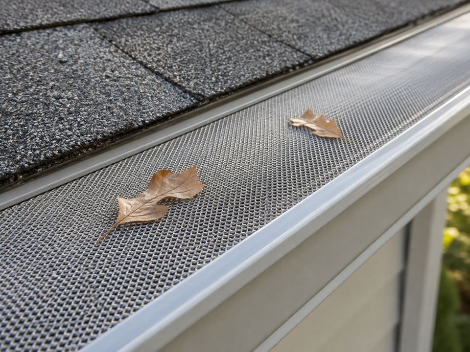 Metal mesh covers a gutter beneath an asphalt-shingle eave, with two dry leaves resting on the screen.