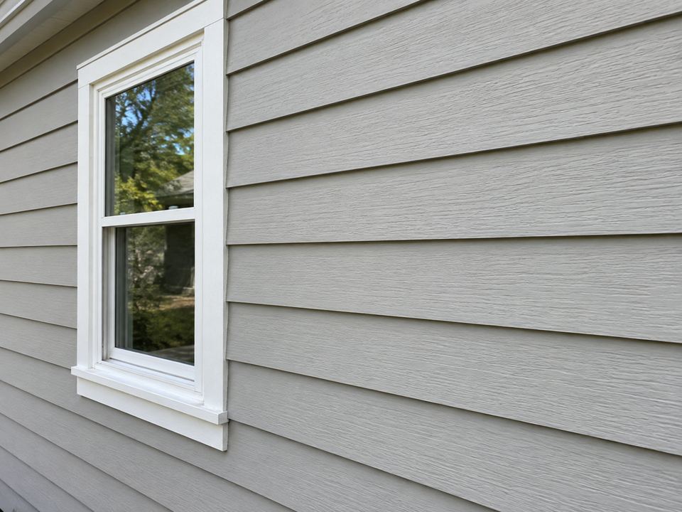 Painted horizontal lap siding meets white trim around a window, with subtle woodgrain texture along the boards.
