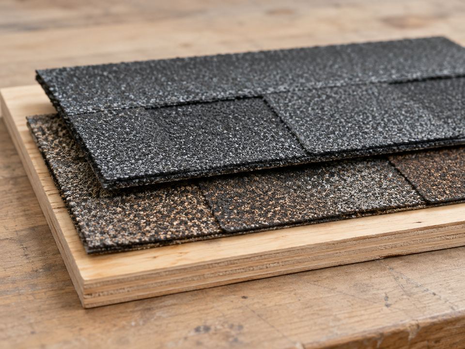 A tabletop roofing sample shows dark asphalt shingles above a separate brown shingle layer on a plywood base.