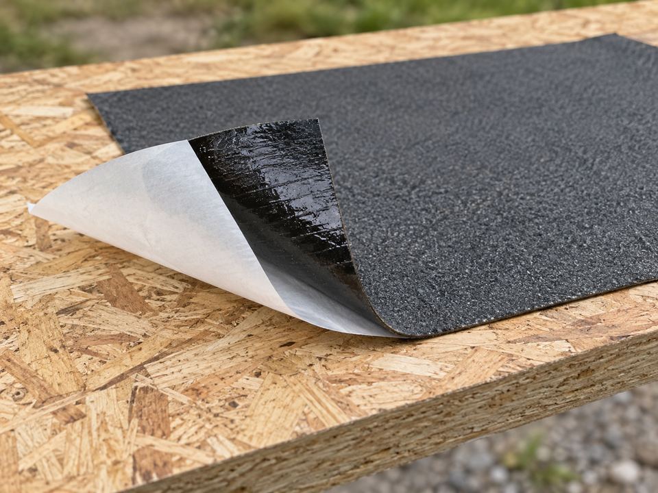 A dark roofing membrane sample on an OSB board, one corner lifted to reveal the adhesive underside and white release liner.