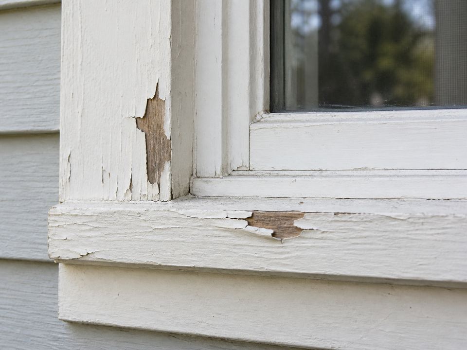 White paint peels from exterior wood window trim, exposing small areas of wood beneath the coating.