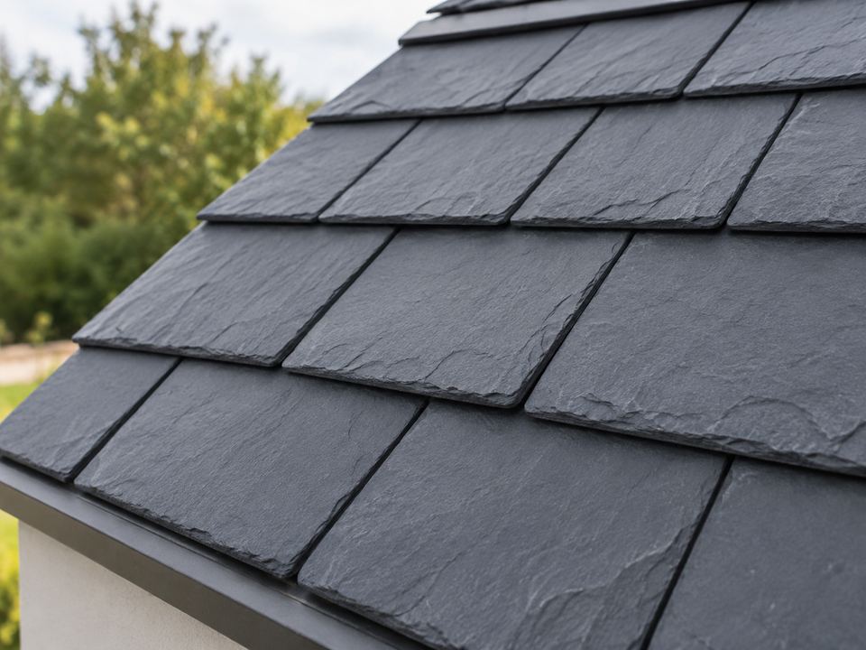 Slate-look roof tiles overlap in staggered rows, with textured dark gray faces and softly molded edges.