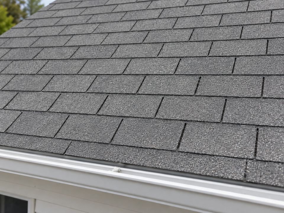 Flat asphalt shingle courses with regularly spaced vertical slots forming a repeating three-tab profile above a white gutter.