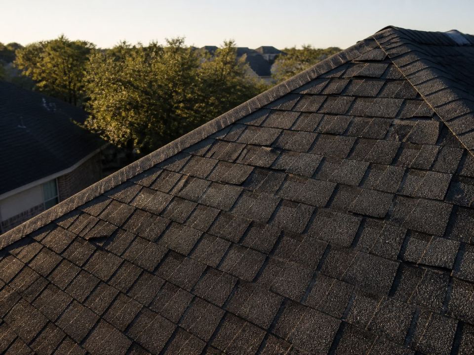 A steep asphalt-shingle roof plane receding diagonally in late afternoon light.