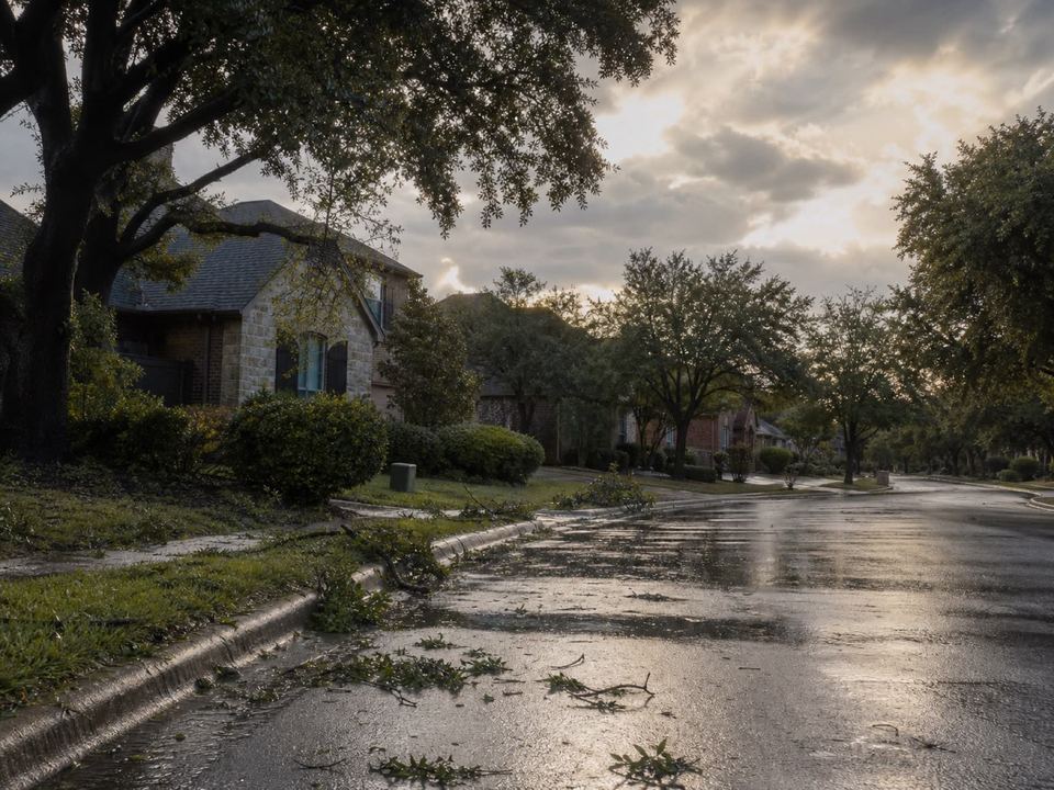 A North Texas street just after a storm, pavement wet and reflecting a broken sky, small branches across the kerb.
