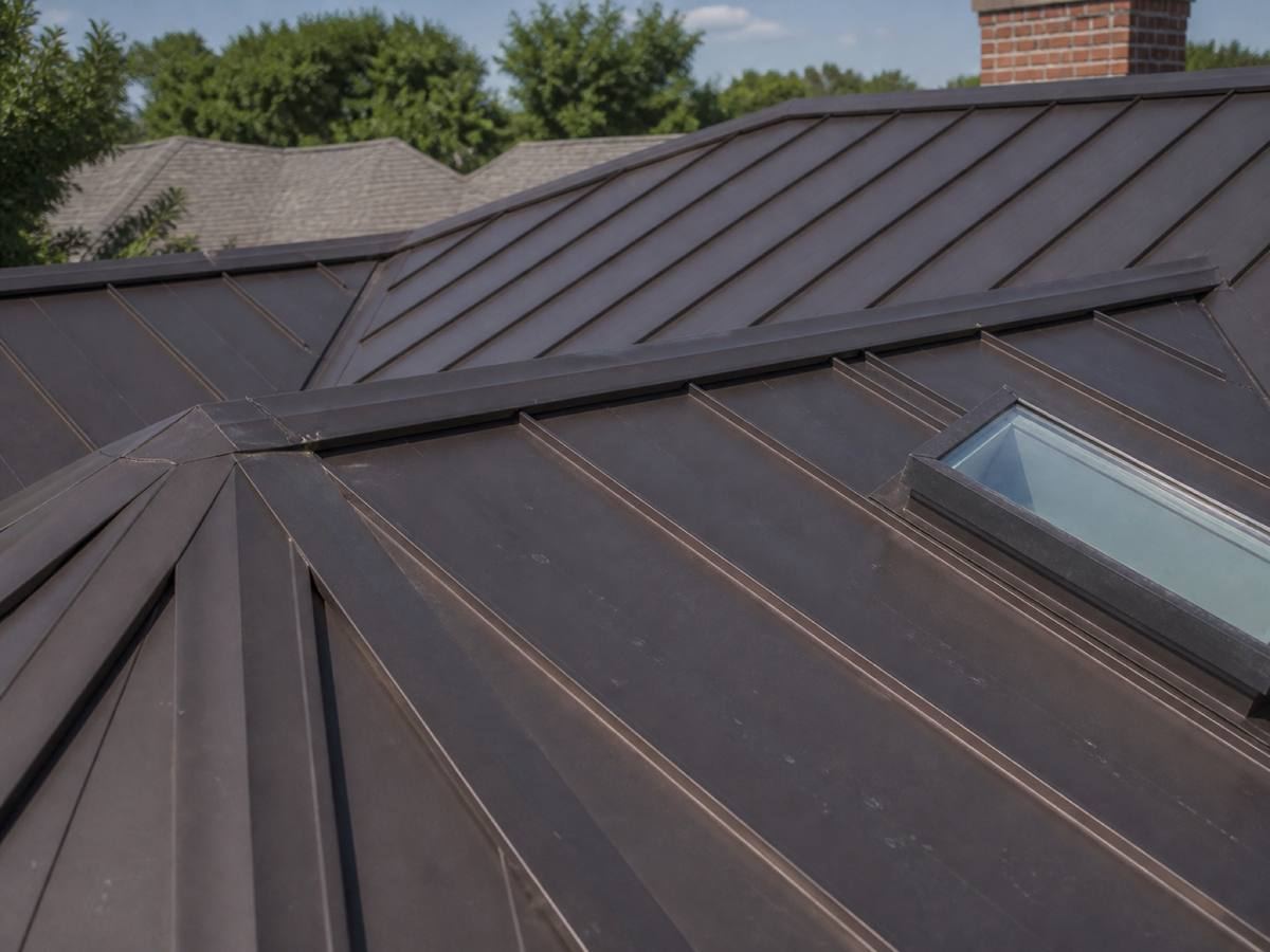 Close view of standing-seam panels running to a hip, with the raised seams and a flush-mounted skylight kerb visible.