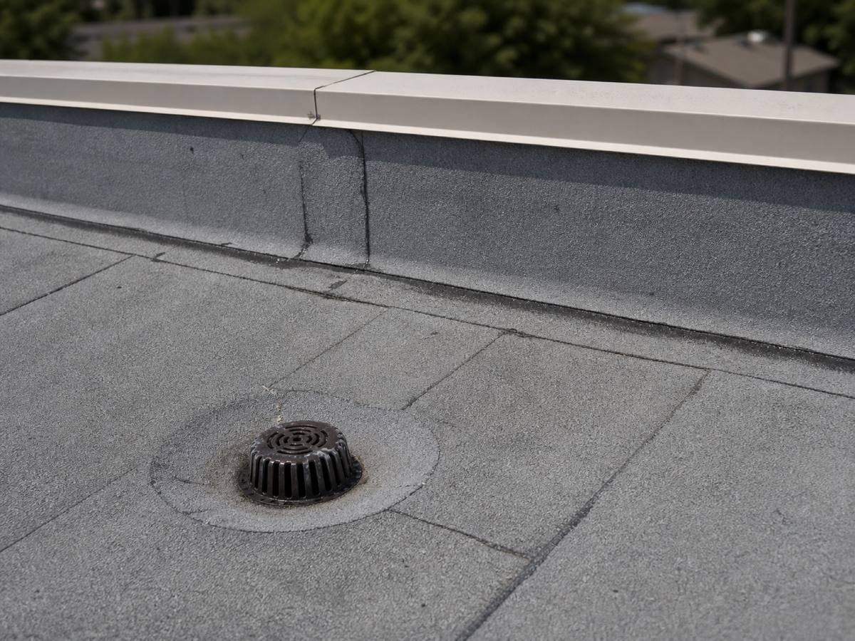 A small dome drain in a grey low-slope membrane field, the membrane turned up a parapet wall with metal coping above.