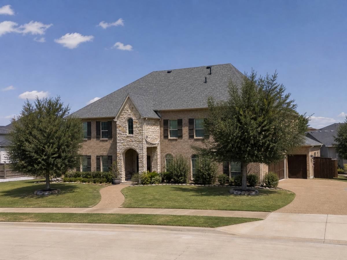 A two-storey tan-brick house with a clipped hip roof and a curved driveway seen from the street, the slate-grey architectural shingles visible above the elevation.