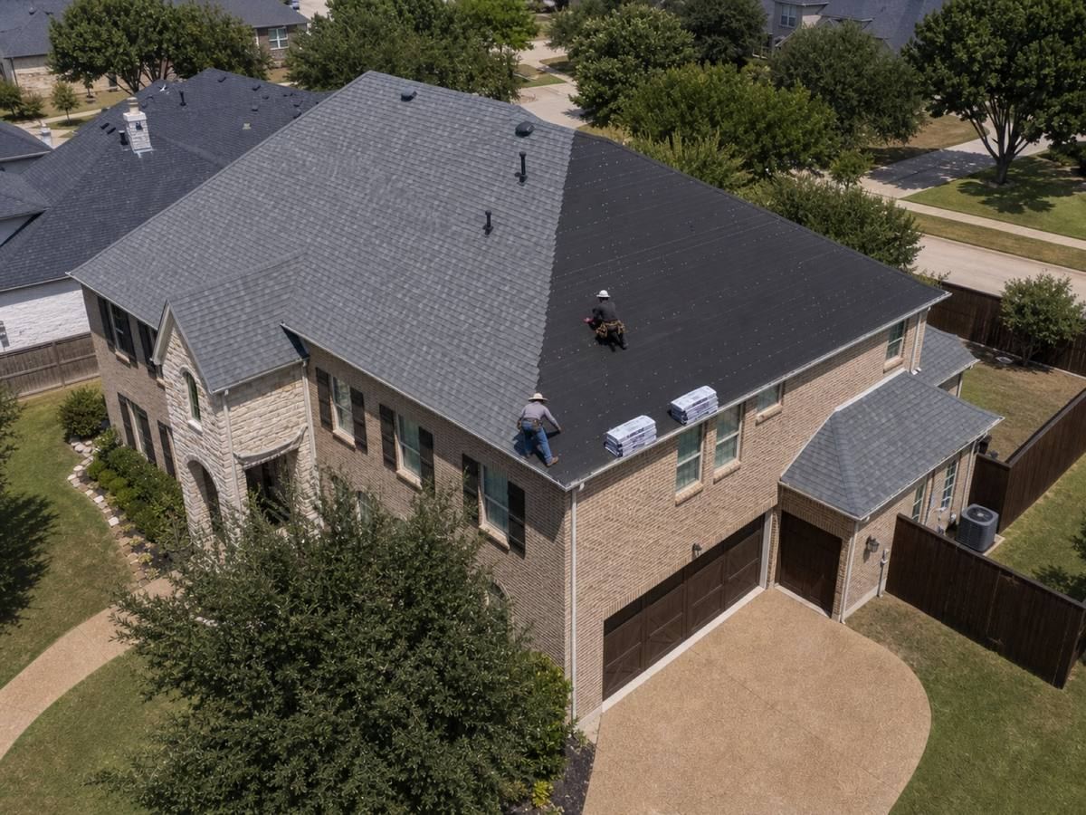 A two-storey tan-brick house with a clipped hip roof and a curved driveway part-way through a architectural shingle installation, with finished and unfinished areas both visible.