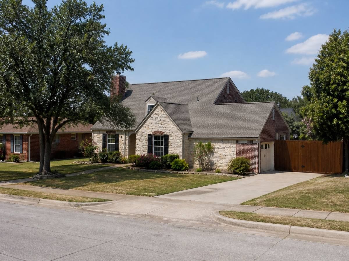A one-and-a-half-storey house with a stone frontage and an offset garage seen from the street, the warm-grey impact-resistant shingles visible above the elevation.