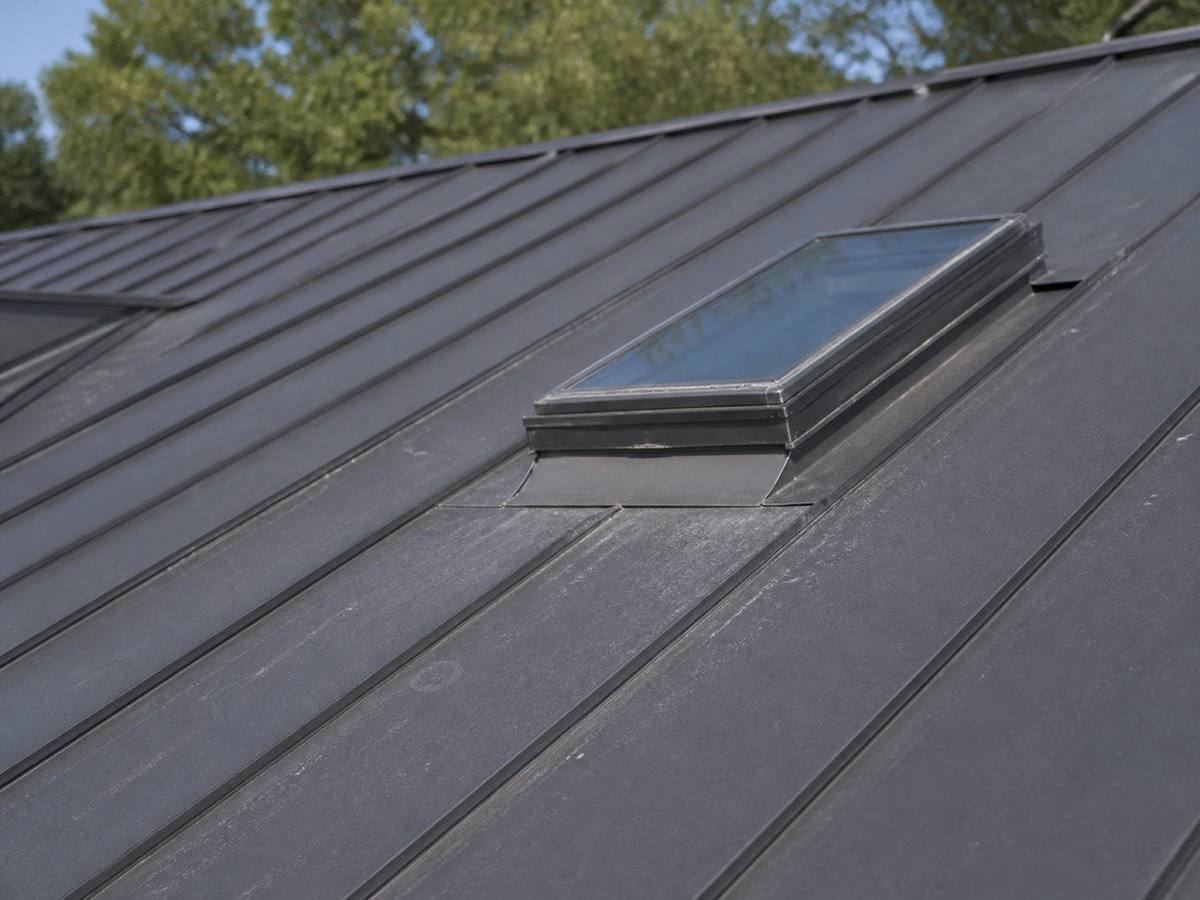 Dark standing-seam metal panels running down a slope, a small skylight set into the run with flashing dressed around its kerb.