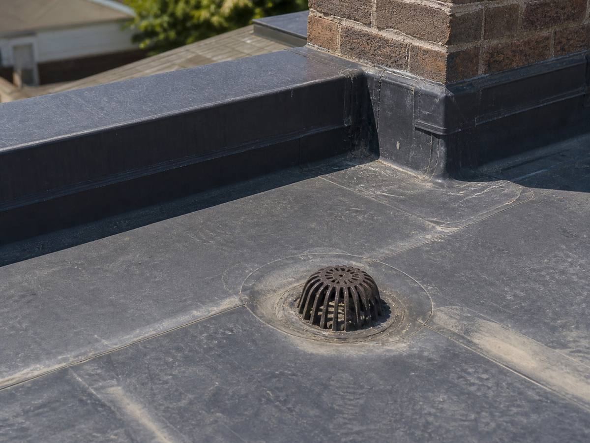 A cast dome drain strainer set into a sump in a dark low-slope membrane roof, with a parapet and brick wall base flashing behind it.