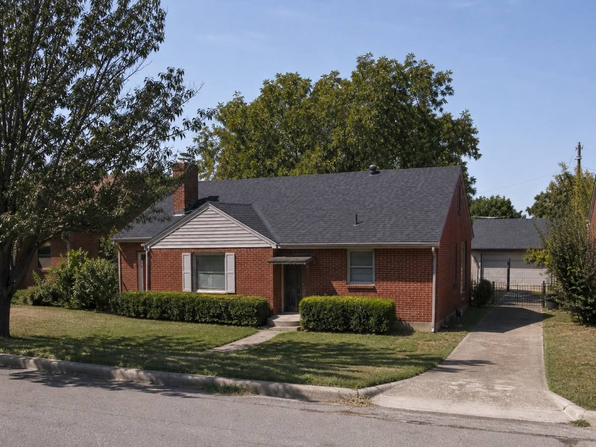 A modest red-brick bungalow on a narrow lot with a detached rear garage seen from the street, the charcoal dimensional shingles visible above the elevation.
