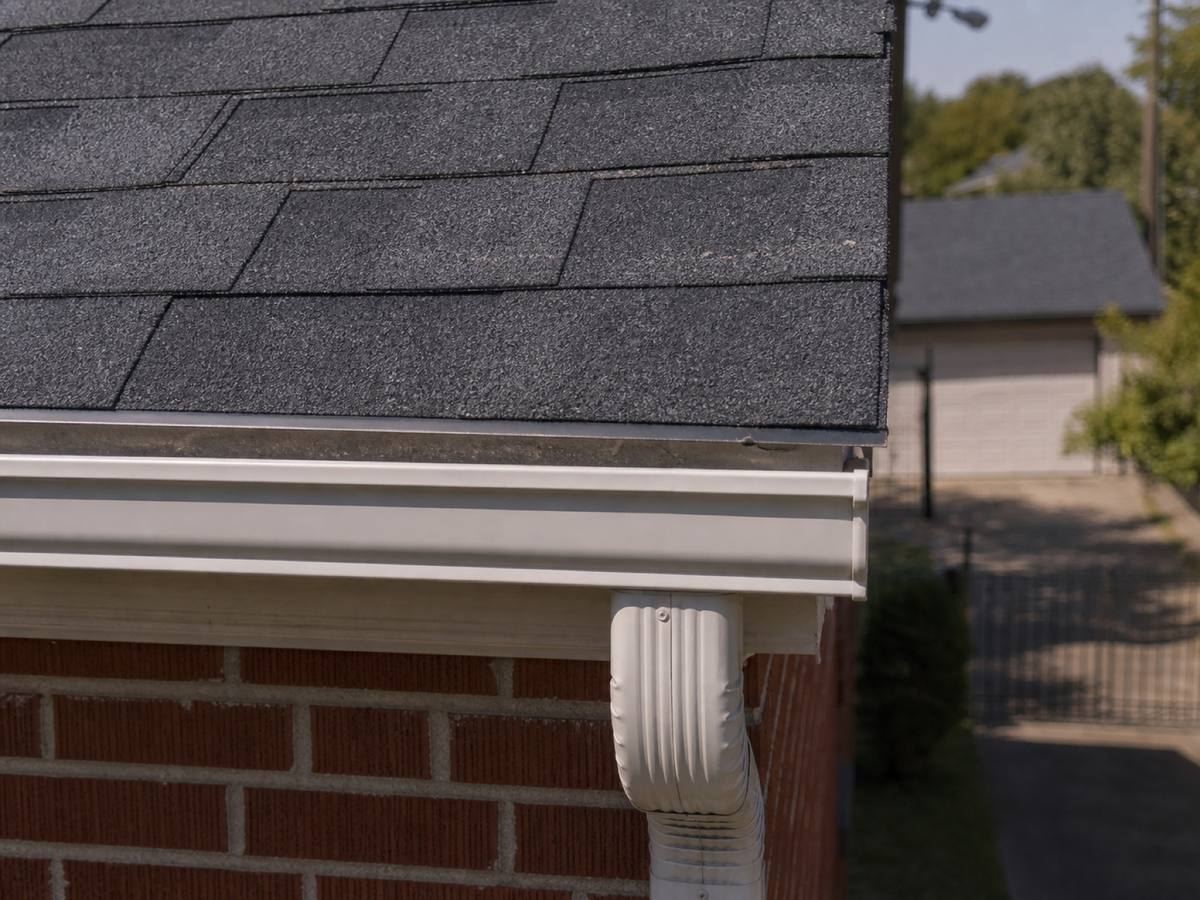 The eave of a dark shingle roof above a white gutter and downspout, the drip edge visible along the roof edge and red brick below.