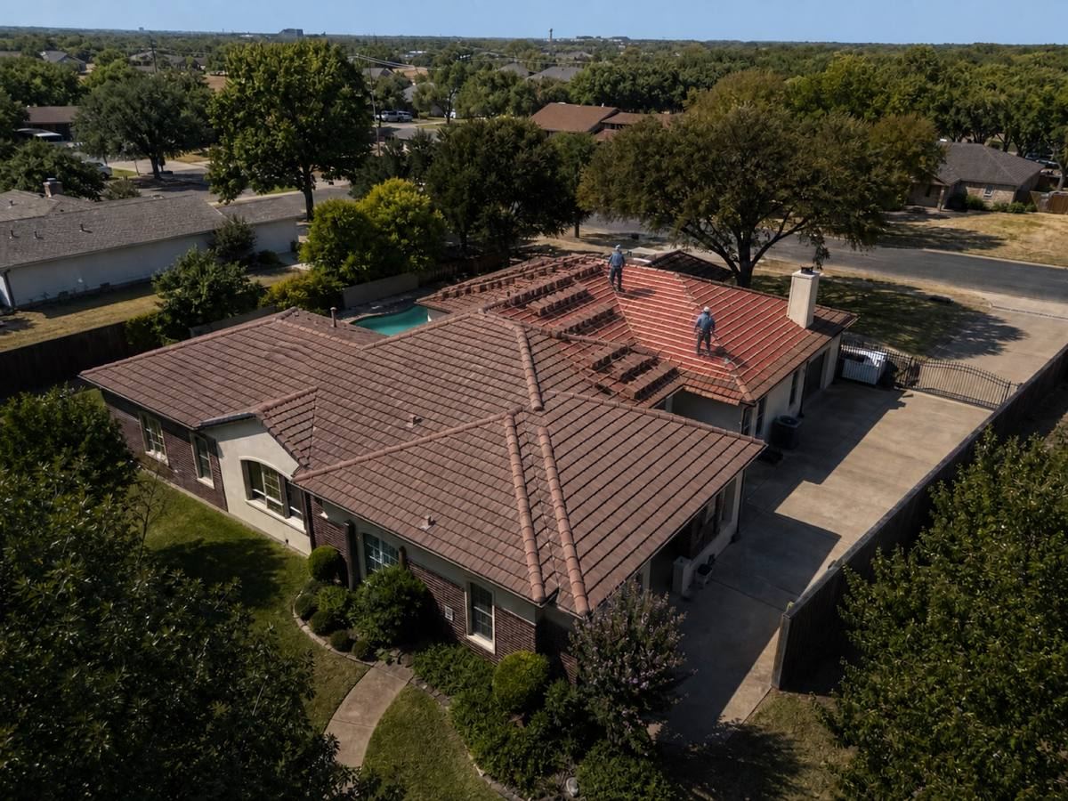 A cream stucco-and-brick house with low hips and a rear pool part-way through a concrete tile installation, with finished and unfinished areas both visible.