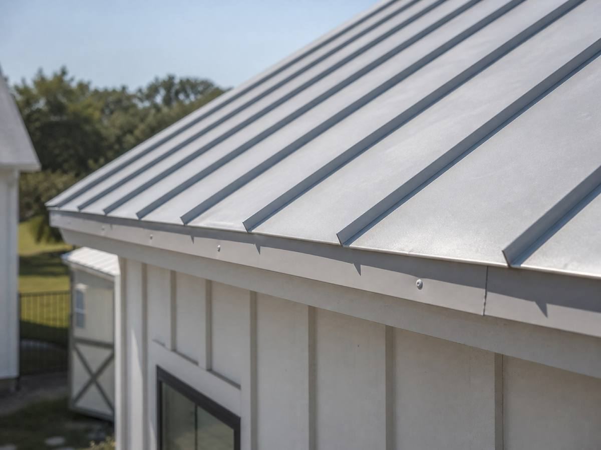 Standing-seam metal panels running down a slope to the eave, the raised seams unbroken along their length, white trim and board-and-batten wall below.