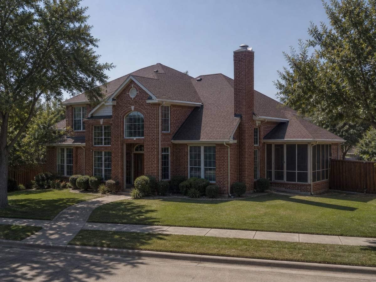 A large brick house with multiple hips and a screened rear porch seen from the street, the deep-brown architectural shingles visible above the elevation.