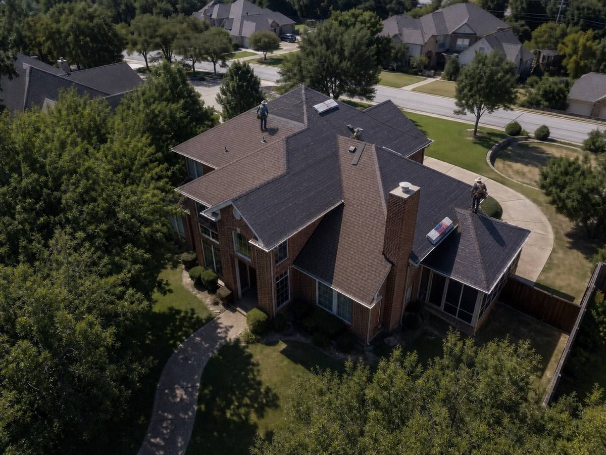 An aerial view of a large two-storey brick house part-way through a shingle re-roof, with roofers working on separate planes.
