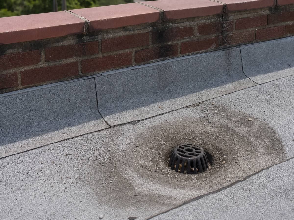 Close view of cap-sheet laps running to a parapet, with the base flashing turned up behind the coping.