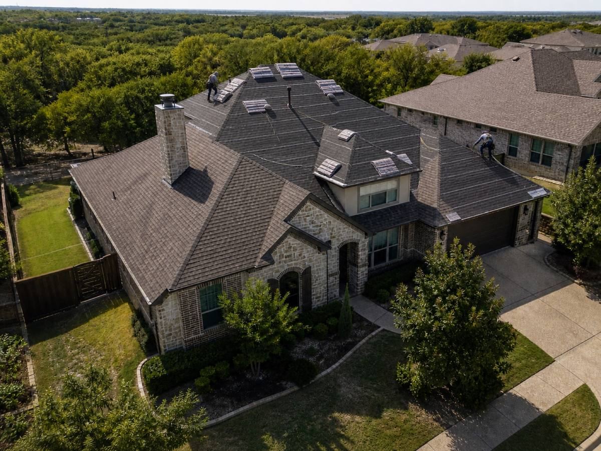A stone-and-brick house with a broad hip roof backing onto a greenbelt part-way through a architectural shingle installation, with finished and unfinished areas both visible.