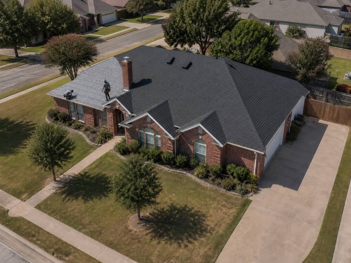 An aerial view of a single-storey brick house part-way through a shingle re-roof, a roofer standing on the ridge with equipment on the slope.