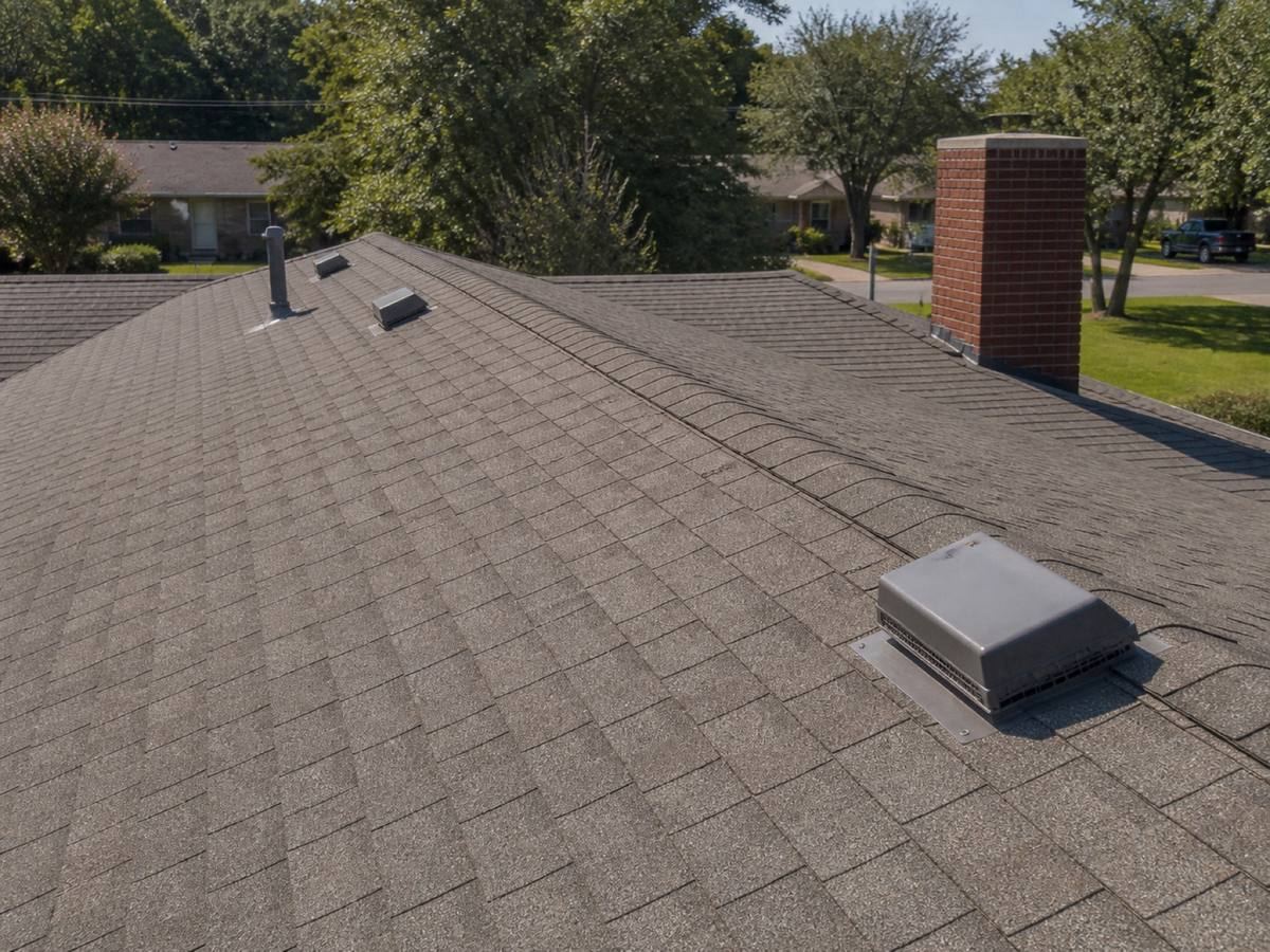 Close view of a long ridge line with the cap shingles running away from the camera along it.