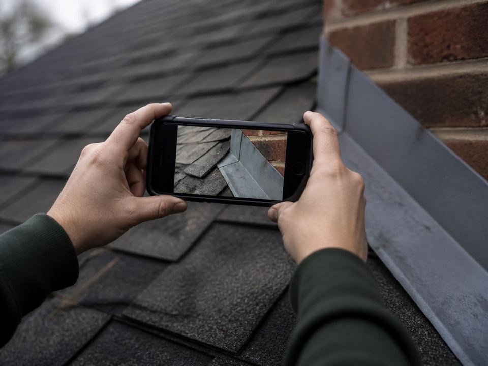 Hands holding a phone photographing step flashing where a shingle roof meets a brick wall.