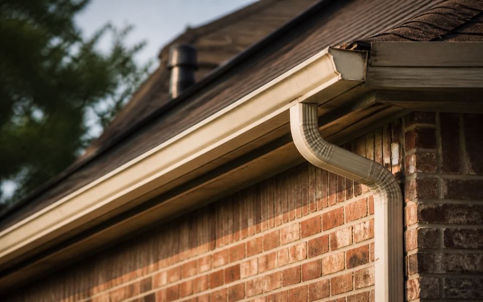 A gutter and fascia run along the eave of a brick home, downspout outlet visible.