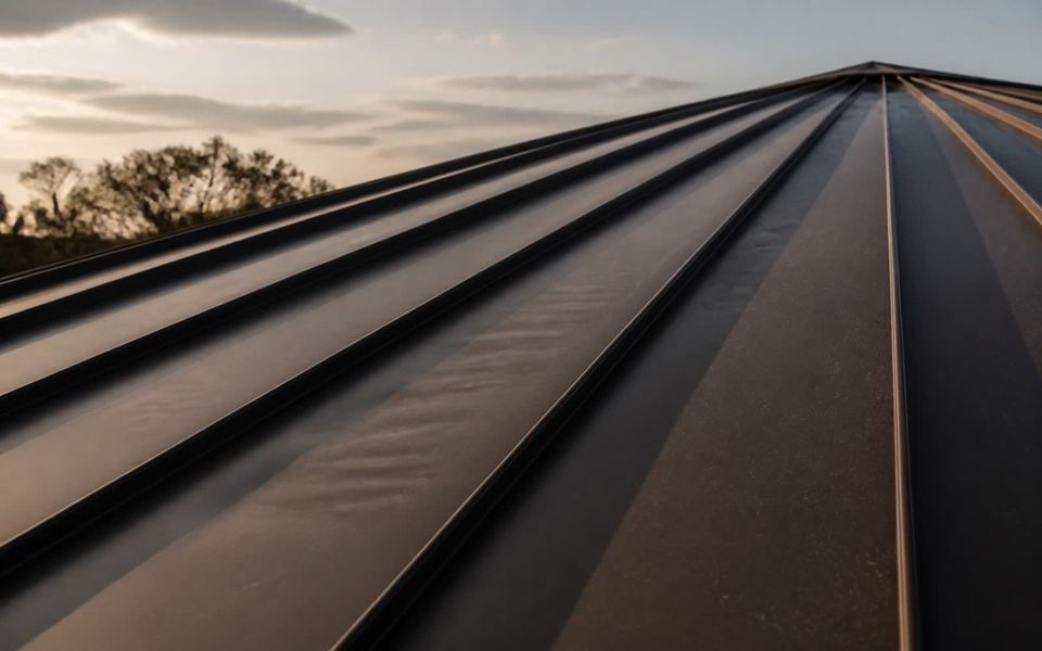 Standing-seam metal roof panels converging toward a ridge, seams catching low light.