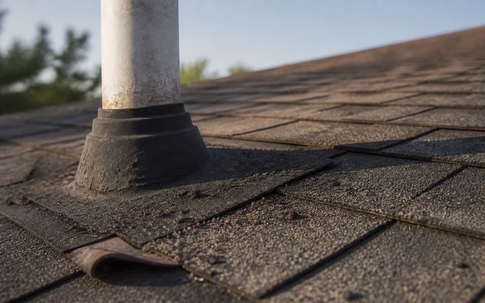 A plumbing-vent boot on a weathered asphalt-shingle roof, the rubber collar aged and cracking at its base.