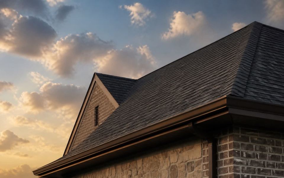 A newly shingled roof plane seen along the eave line, ridge and gable against an evening sky.