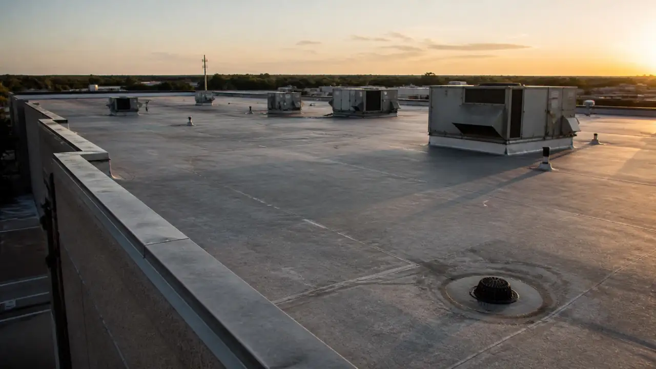 A wide low-slope commercial roof running to a distant edge, mechanical units punctuating the field.