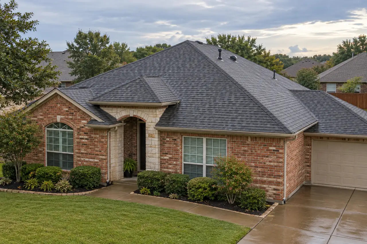A brick home beneath a broad gray shingle roof, with capped hips and roof vents above a damp driveway after rain.