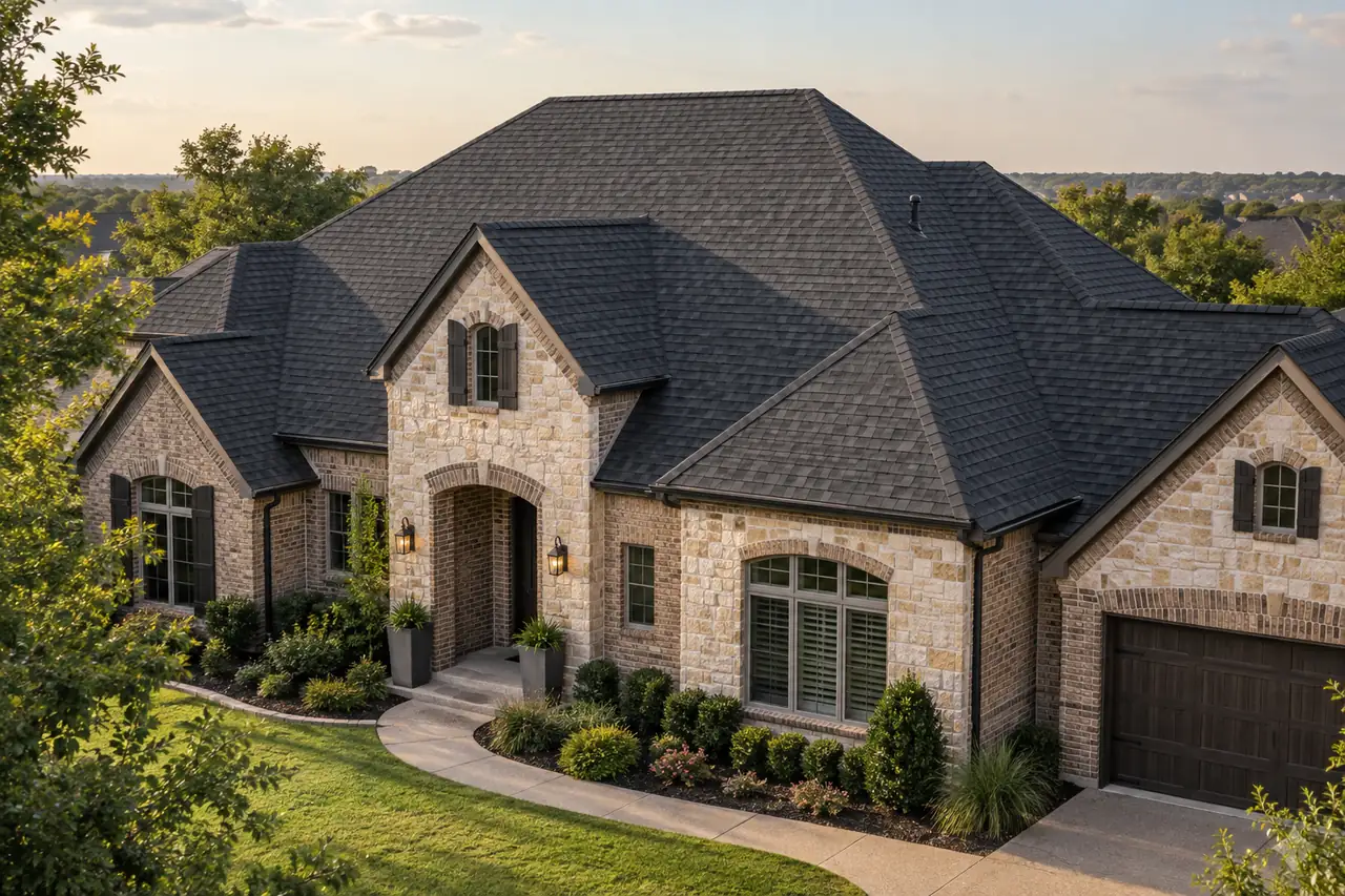 A stone-and-brick home with charcoal shingle roof planes and gables in warm late-afternoon light.